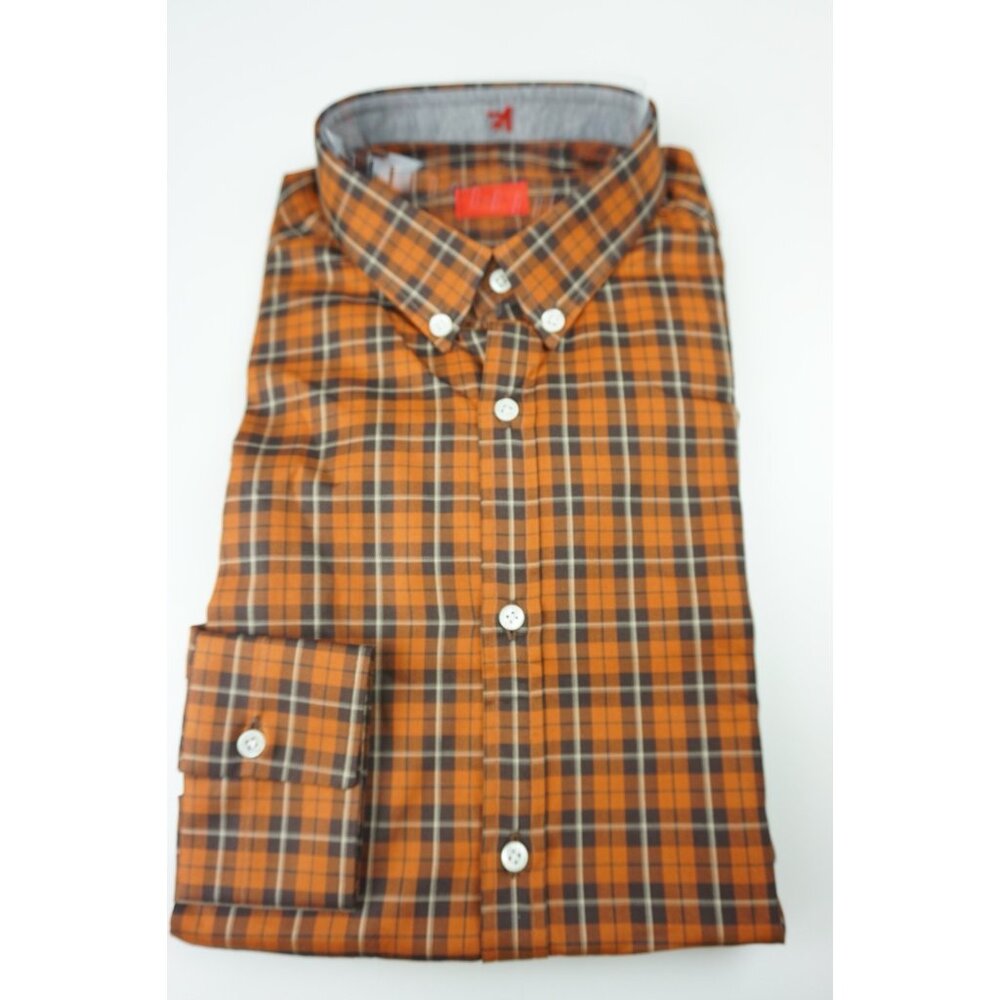 Isaia Napoli Orange Black Plaid Long Sleeve Cotton Dress Shirt 15.5/39 NEW